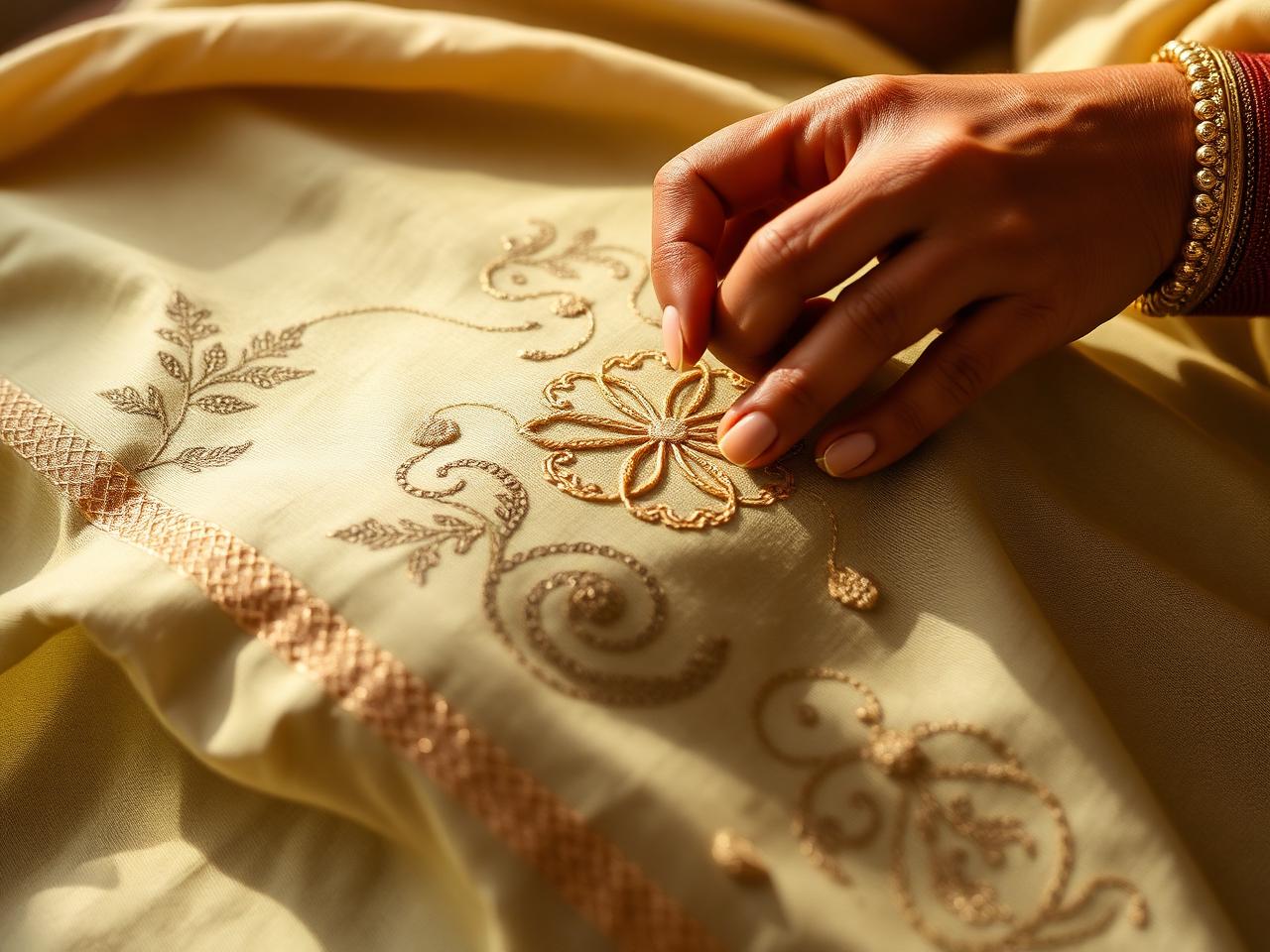 Artisan embroidering gold zari by hand